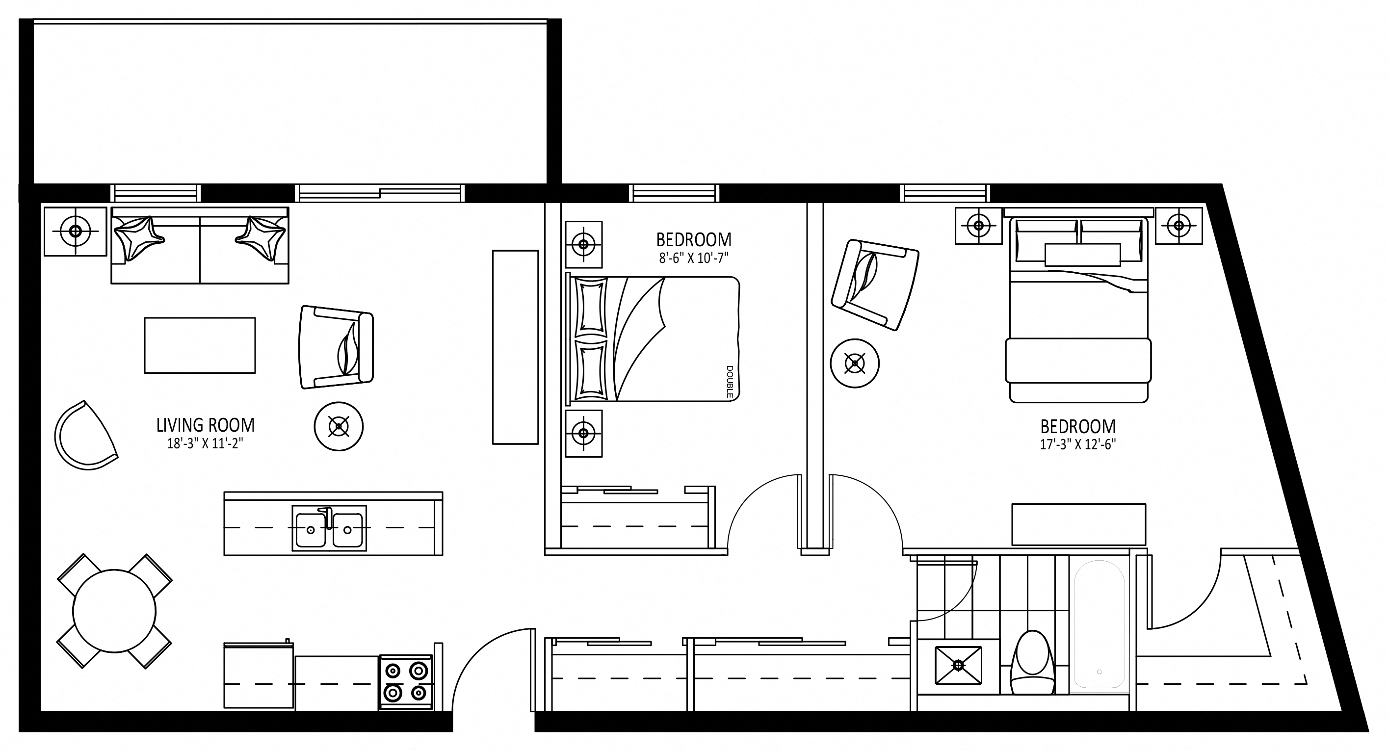 Floor plan for 2 beds, 1 bath, 822 sqft